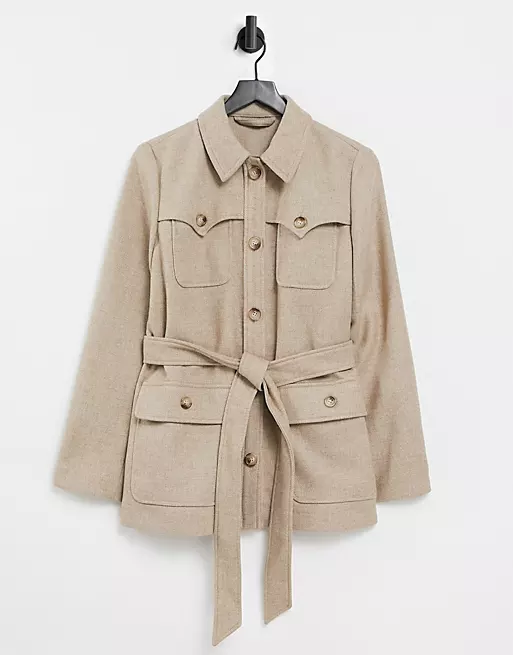 & Other Stories recycled wool pocket detail belted jacket in beige