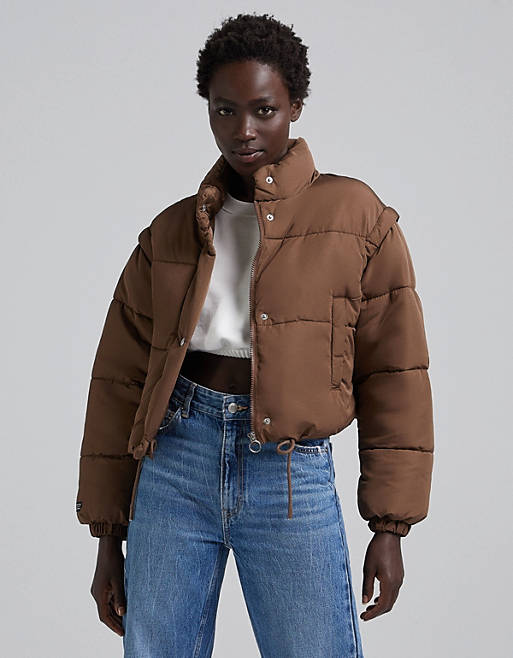 Bershka cropped puffer jacket in brown