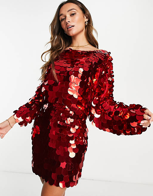 ASOS DESIGN slouchy embellished mini dress in red oversized disc sequin