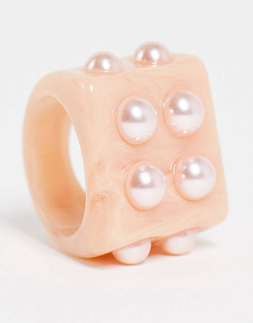ASOS DESIGN plastic ring with pearls in peach