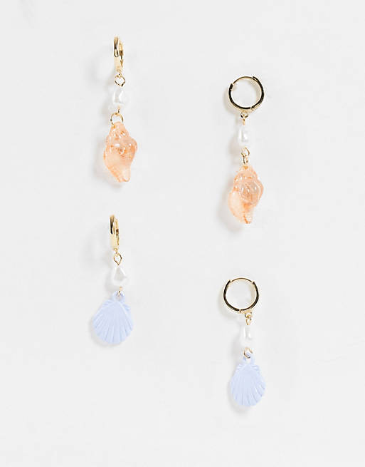 ASOS DESIGN pack of 2 hoop earrings with plastic shell charms in gold tone