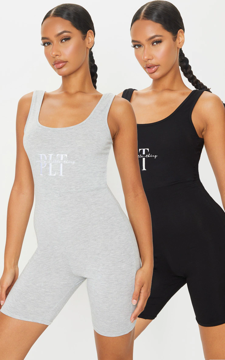 PRETTYLITTETHING BLACK & GREY 2 PACK EMBROIDERED SCOOP NECK UNITARDS £32.00