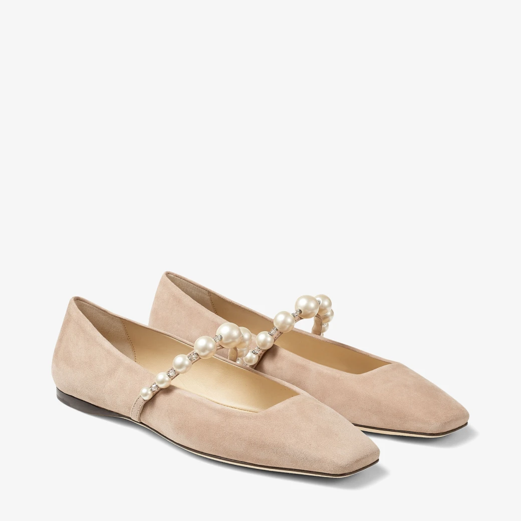Jimmy Choo ADE FLAT Ballet Pink Suede Flats with Pearl Embellishment £625
